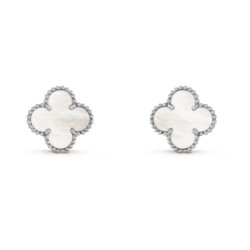 SILVER WHITE CLOVER EAR-STUDS